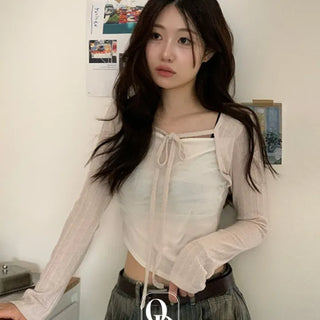 Lumiere shirring chiffon uneven hem ribbon bolero layer long sleeve t-shirt