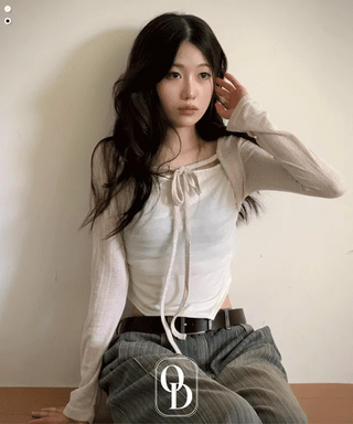 Lumiere shirring chiffon uneven hem ribbon bolero layer long sleeve t-shirt