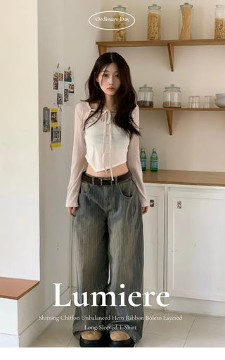 Lumiere shirring chiffon uneven hem ribbon bolero layer long sleeve t-shirt