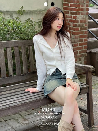 Moet Yeri Slim Fit Lip Neck Slit Team Boat Cardigan
