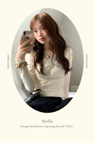 Revlin Vintage Lovely Dot Button Crop Long Sleeve T-Shirt