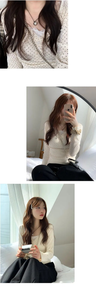 Revlin Vintage Lovely Dot Button Crop Long Sleeve T-Shirt