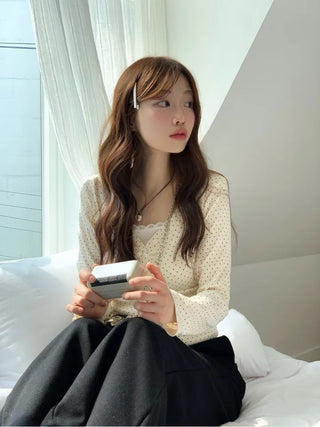 Revlin Vintage Lovely Dot Button Crop Long Sleeve T-Shirt