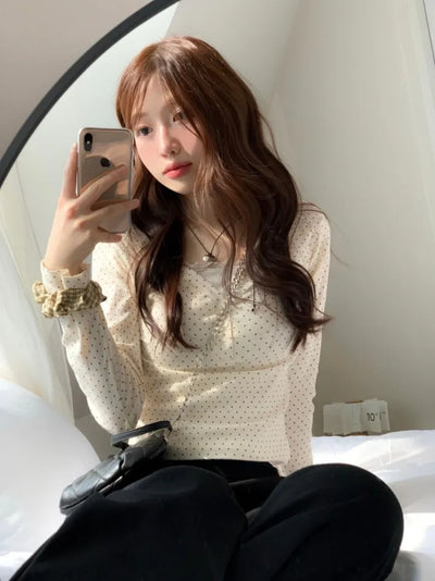 Revlin Vintage Lovely Dot Button Crop Long Sleeve T-Shirt