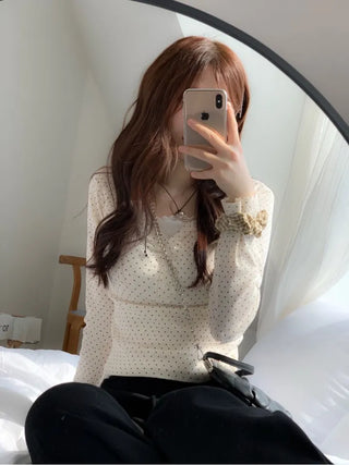 Revlin Vintage Lovely Dot Button Crop Long Sleeve T-Shirt