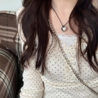 Revlin Vintage Lovely Dot Button Crop Long Sleeve T-Shirt