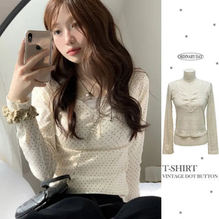 Revlin Vintage Lovely Dot Button Crop Long Sleeve T-Shirt