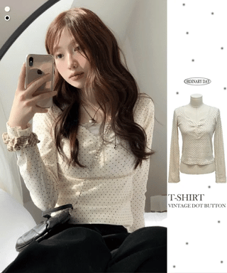 Revlin Vintage Lovely Dot Button Crop Long Sleeve T-Shirt