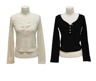 Revlin Vintage Lovely Dot Button Crop Long Sleeve T-Shirt