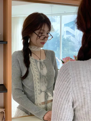 Lee Je's slim fit ribbon team rib knit cardigan in