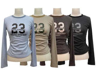 Glantz stripe lettering printing side shirring slim fit long sleeve long sleeve t-shirt