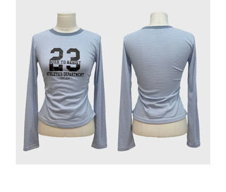 Glantz stripe lettering printing side shirring slim fit long sleeve long sleeve t-shirt