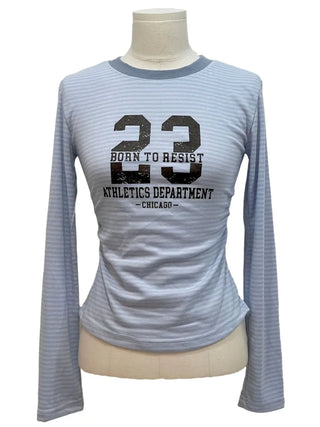 Glantz stripe lettering printing side shirring slim fit long sleeve long sleeve t-shirt