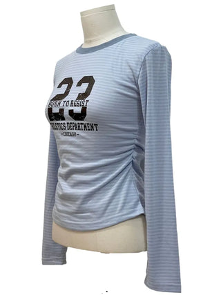 Glantz stripe lettering printing side shirring slim fit long sleeve long sleeve t-shirt