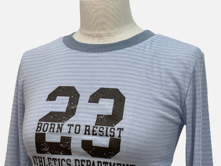 Glantz stripe lettering printing side shirring slim fit long sleeve long sleeve t-shirt