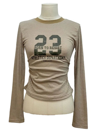 Glantz stripe lettering printing side shirring slim fit long sleeve long sleeve t-shirt
