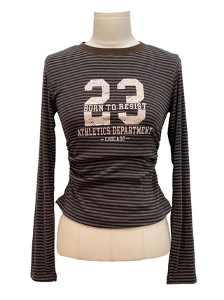 Glantz stripe lettering printing side shirring slim fit long sleeve long sleeve t-shirt