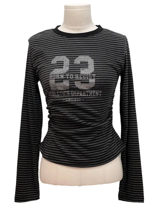 Glantz stripe lettering printing side shirring slim fit long sleeve long sleeve t-shirt