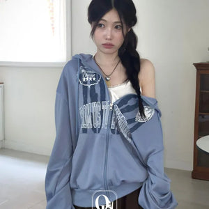 Sena Vintage Two-Color Lettering Print Two-Zipper Loose Fit Hooded Zip-Up