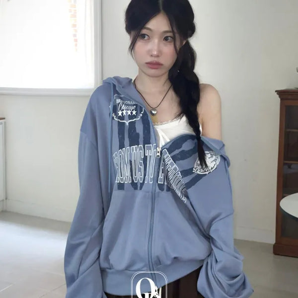 Sena Vintage Two-Color Lettering Print Two-Zipper Loose Fit Hooded Zip-Up