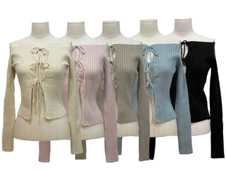 Klein Ribbon Strap Off-Shoulder Glam Golji Cardigan Long Sleeve Knit