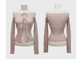 Klein Ribbon Strap Off-Shoulder Glam Golji Cardigan Long Sleeve Knit