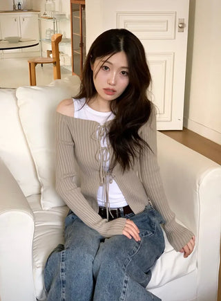Klein Ribbon Strap Off-Shoulder Glam Golji Cardigan Long Sleeve Knit