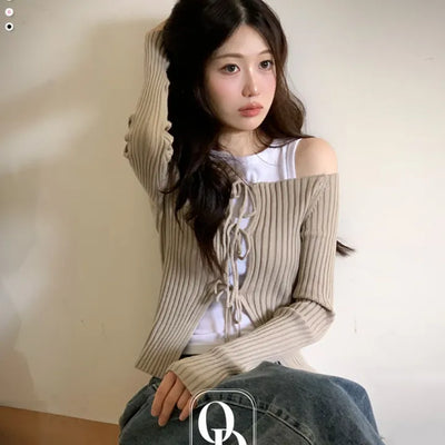 Klein Ribbon Strap Off-Shoulder Glam Golji Cardigan Long Sleeve Knit