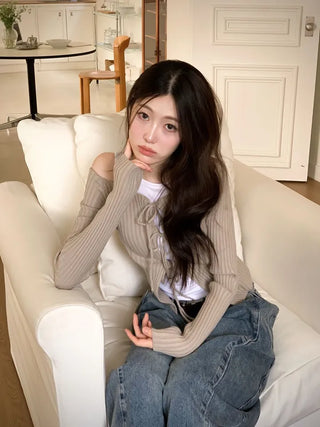 Klein Ribbon Strap Off-Shoulder Glam Golji Cardigan Long Sleeve Knit