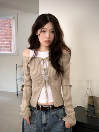 Klein Ribbon Strap Off-Shoulder Glam Golji Cardigan Long Sleeve Knit