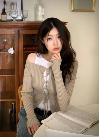Klein Ribbon Strap Off-Shoulder Glam Golji Cardigan Long Sleeve Knit