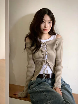 Klein Ribbon Strap Off-Shoulder Glam Golji Cardigan Long Sleeve Knit