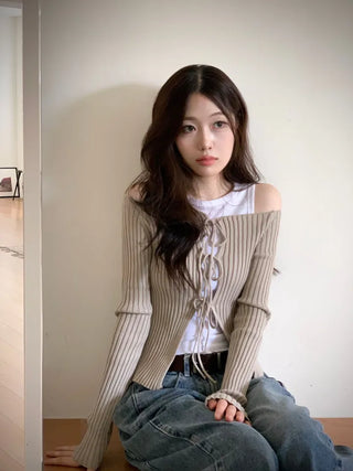 Klein Ribbon Strap Off-Shoulder Glam Golji Cardigan Long Sleeve Knit