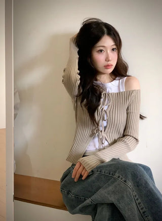 Klein Ribbon Strap Off-Shoulder Glam Golji Cardigan Long Sleeve Knit