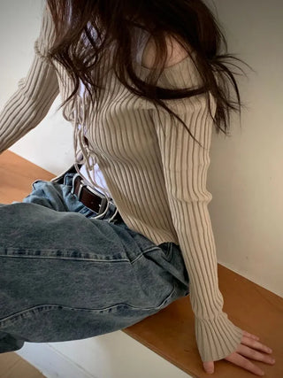 Klein Ribbon Strap Off-Shoulder Glam Golji Cardigan Long Sleeve Knit