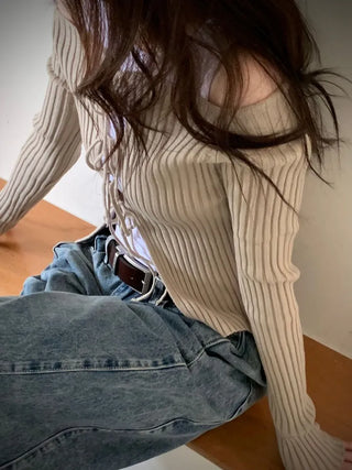 Klein Ribbon Strap Off-Shoulder Glam Golji Cardigan Long Sleeve Knit
