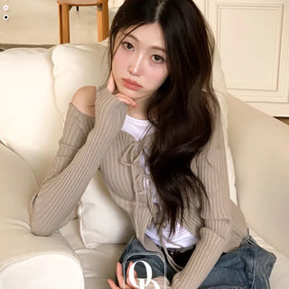 Klein Ribbon Strap Off-Shoulder Glam Golji Cardigan Long Sleeve Knit