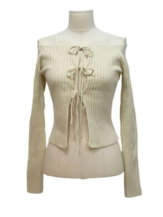 Klein Ribbon Strap Off-Shoulder Glam Golji Cardigan Long Sleeve Knit
