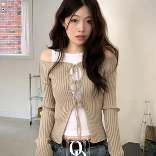 Klein Ribbon Strap Off-Shoulder Glam Golji Cardigan Long Sleeve Knit