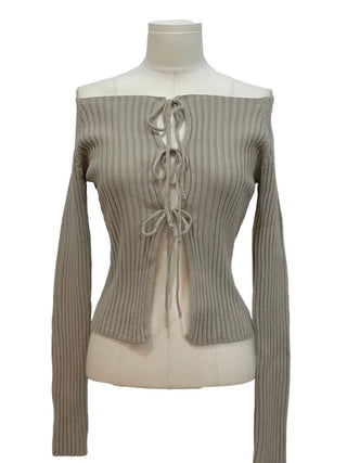 Klein Ribbon Strap Off-Shoulder Glam Golji Cardigan Long Sleeve Knit