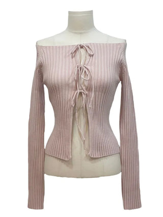 Klein Ribbon Strap Off-Shoulder Glam Golji Cardigan Long Sleeve Knit