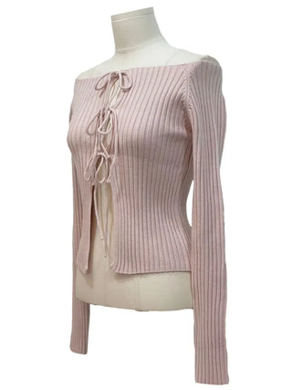 Klein Ribbon Strap Off-Shoulder Glam Golji Cardigan Long Sleeve Knit