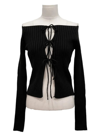 Klein Ribbon Strap Off-Shoulder Glam Golji Cardigan Long Sleeve Knit