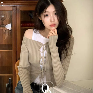 Klein Ribbon Strap Off-Shoulder Glam Golji Cardigan Long Sleeve Knit