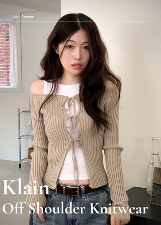 Klein Ribbon Strap Off-Shoulder Glam Golji Cardigan Long Sleeve Knit
