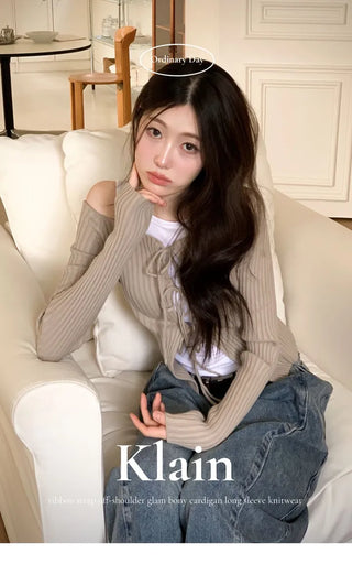 Klein Ribbon Strap Off-Shoulder Glam Golji Cardigan Long Sleeve Knit