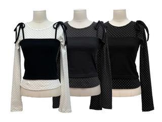 Rosabell Ribbon Color Block Sleeveless Bustier Dot Long Sleeve T-shirt Set