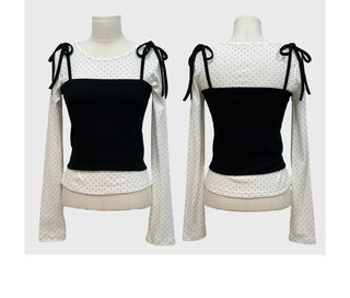 Rosabell Ribbon Color Block Sleeveless Bustier Dot Long Sleeve T-shirt Set