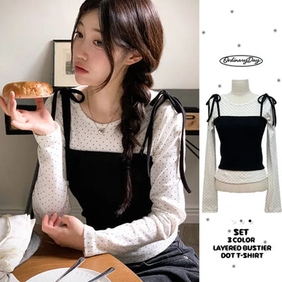 Rosabell Ribbon Color Block Sleeveless Bustier Dot Long Sleeve T-shirt Set