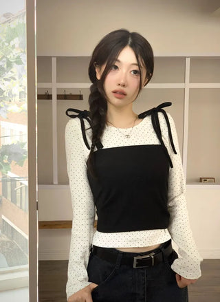 Rosabell Ribbon Color Block Sleeveless Bustier Dot Long Sleeve T-shirt Set